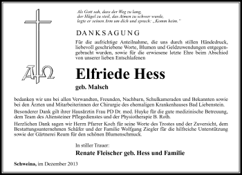 Traueranzeige von Elfriede Hess von Südthüringer Presse
