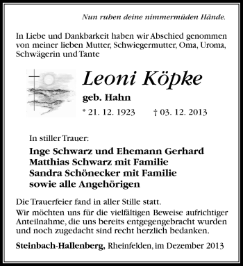 Traueranzeige von Leoni Köpke von Südthüringer Presse