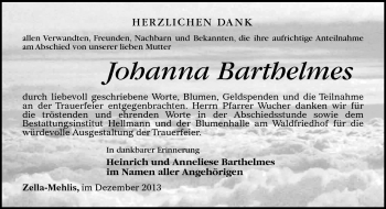 Traueranzeige von Johanna Barthelmes von Südthüringer Presse