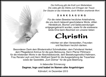 Traueranzeige von Christin Gröschel von Südthüringer Presse