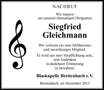 Traueranzeige von Siegfried Gleichmann von Südthüringer Presse