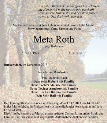Traueranzeige von Meta Roth von Neue Presse Coburg