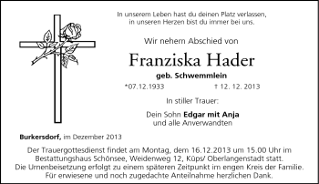 Traueranzeige von Franziska Hader von Neue Presse Coburg