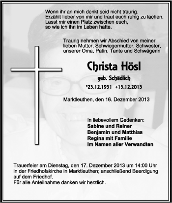 Traueranzeige von Christa Hösl von Frankenpost