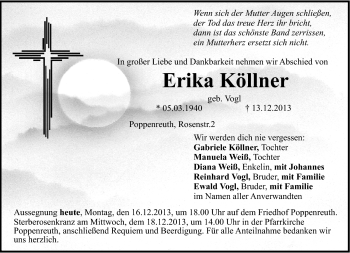 Traueranzeige von Erika Köllner von Frankenpost