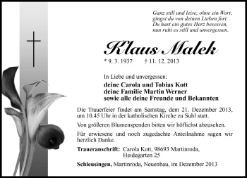 Traueranzeige von Klaus Malek von Südthüringer Presse