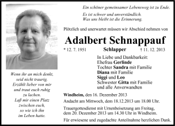Traueranzeige von Adalbert Schnappauf von Neue Presse Coburg