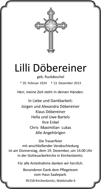Traueranzeige von Lilli Döbereiner von Frankenpost