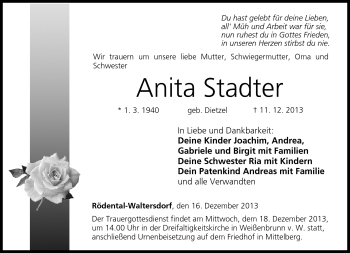 Traueranzeige von Anita Stadter von Neue Presse Coburg