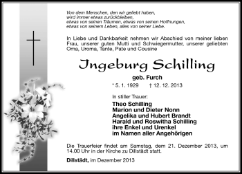 Traueranzeige von Ingeburg Schilling von Südthüringer Presse