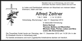 Traueranzeige von Alfred Zeitner von Frankenpost