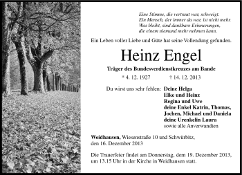 Traueranzeige von Heinz Engel von Neue Presse Coburg