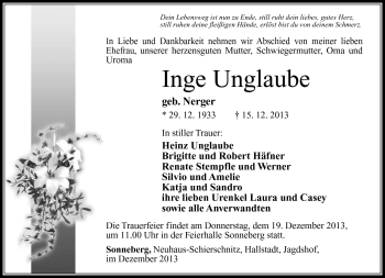 Traueranzeige von Inge Unglaube von Südthüringer Presse