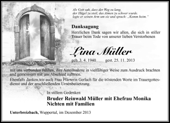 Traueranzeige von Lina Müller von Südthüringer Presse
