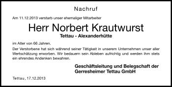 Traueranzeige von Norbert Krautwurst von Neue Presse Coburg