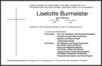 Traueranzeige von Liselotte Burmeister von Frankenpost
