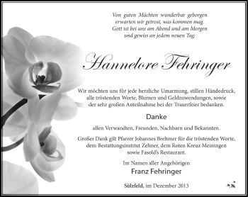 Traueranzeige von Hannelore Fehringer von Südthüringer Presse