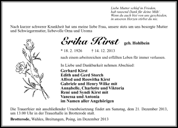 Traueranzeige von Erika Kirst von Südthüringer Presse