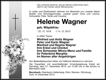 Traueranzeige von Helene Wagner von Südthüringer Presse