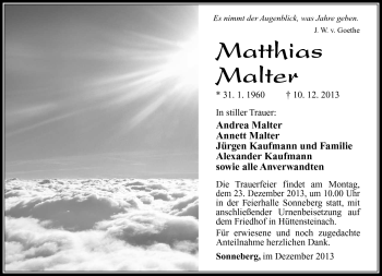 Traueranzeige von Matthias Malter von Südthüringer Presse