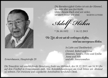 Traueranzeige von Adolf Höhn von Neue Presse Coburg