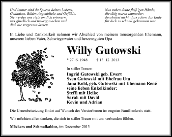 Traueranzeige von Willy Gutowski von Südthüringer Presse