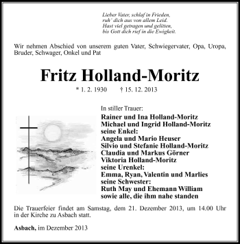 Traueranzeige von Fritz Holland-Moritz von Südthüringer Presse