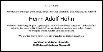 Traueranzeige von Adolf Höhn von Neue Presse Coburg