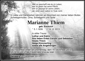 Traueranzeige von Marianne Thiem von Südthüringer Presse