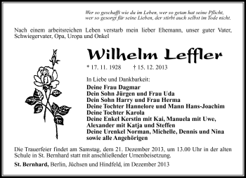 Traueranzeige von Wilhelm Leffler von Südthüringer Presse