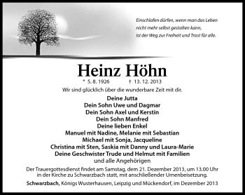 Traueranzeige von Heinz Höhn von Südthüringer Presse