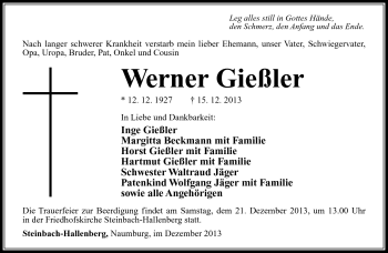 Traueranzeige von Werner Gießler von Südthüringer Presse