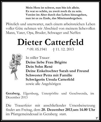 Traueranzeige von Dieter Catterfeld von Südthüringer Presse