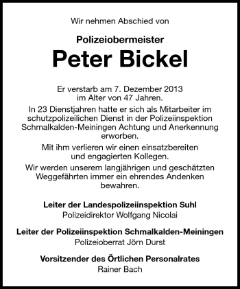 Traueranzeige von Peter Bickel von Südthüringer Presse