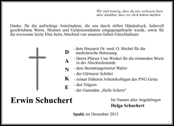 Traueranzeige von Erwin Schuchert von Südthüringer Presse