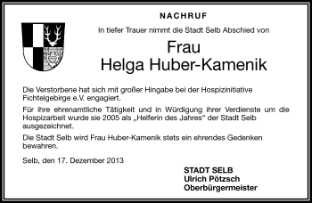 Traueranzeige von Helga Kamenik von Frankenpost