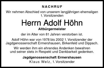 Traueranzeige von Adolf Höhn von Neue Presse Coburg