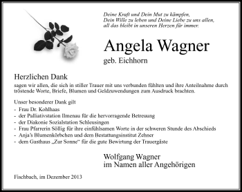 Traueranzeige von Angela Wagner von Südthüringer Presse