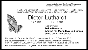 Traueranzeige von Dieter Luthardt von Neue Presse Coburg