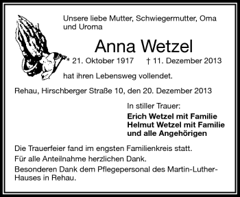 Traueranzeige von Anna Wetzel von Frankenpost