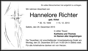 Traueranzeige von Hannelore Richter von Frankenpost