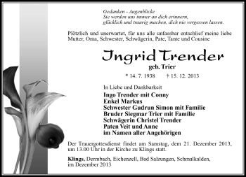 Traueranzeige von Ingrid Trender von Südthüringer Presse