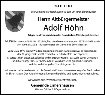 Traueranzeige von Adolf Höhn von Neue Presse Coburg
