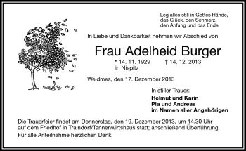 Traueranzeige von Adelheid Burger von Frankenpost