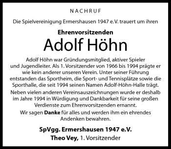 Traueranzeige von Adolf Höhn von Neue Presse Coburg