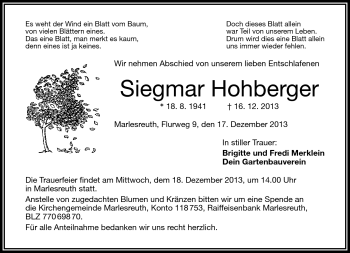 Traueranzeige von Siegmar Hohberger von Frankenpost