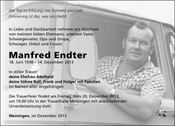 Traueranzeige von Manfred Endter von Südthüringer Presse