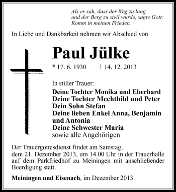 Traueranzeige von Paul Jülke von Südthüringer Presse