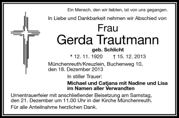Traueranzeige von Gerda Trautmann von Frankenpost