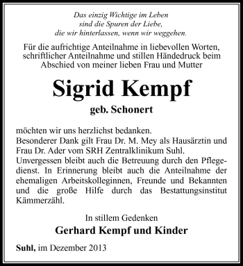 Traueranzeige von Sigrid Kempf von Südthüringer Presse